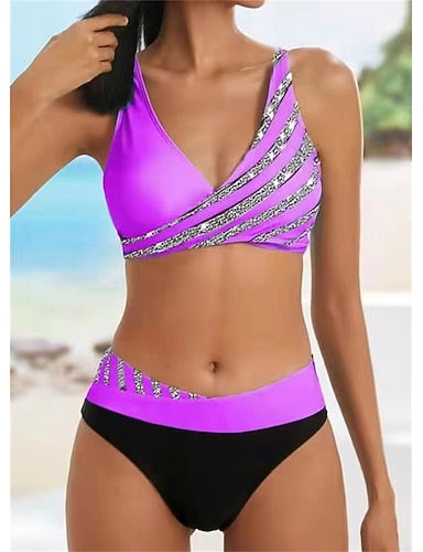 Normal Swimwear Bikini 2 Piece Cheeky Swimsuit Backless 2 Piece Push Up Printing Vacation Stylish Ombre Leaf V Wire Sleeveless Bathing Suits