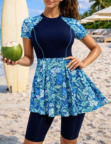 Rash Guard Bathing Suit 2 Pieces Printed Knee-length Leg Uv Protection Elastic Short Sleeve Swimwear Swimsuit Surfing Beach Swimming Summer