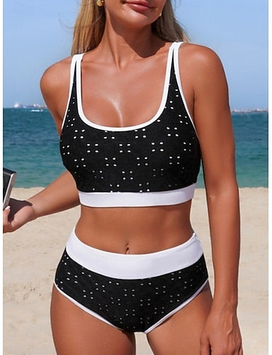 Swimwear Bikini 2 Piece High Waist Swimsuit Slim Backless Vacation Beach Wear Color Polka Dot Scoop Neck Sleeveless Bathing Suits