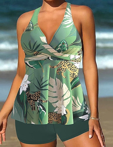 Tankini Two Piece Swimsuit V Neck Swimwear Swimwear Black White Quick Dry Lightweight Breathable Sleeveless - Surfing Beach Swimming Summer Spring