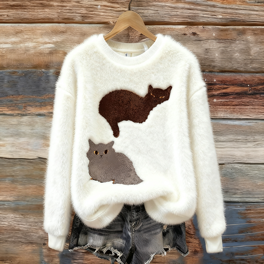 Fun Cat Pattern Women's Round Neck Flannel Sweatshirt