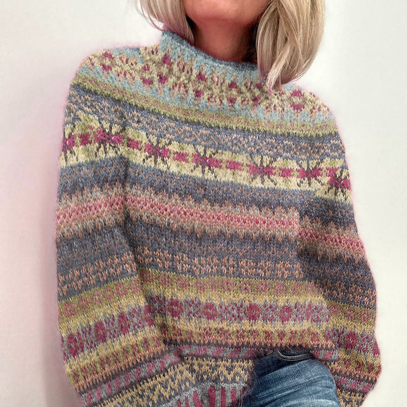 Pull en tricot de coton à rayures chinées pastel et col montant