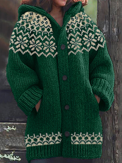 Vintage Jacquard Cozy Icelandic Knit Hooded Cardigan artswardrobe