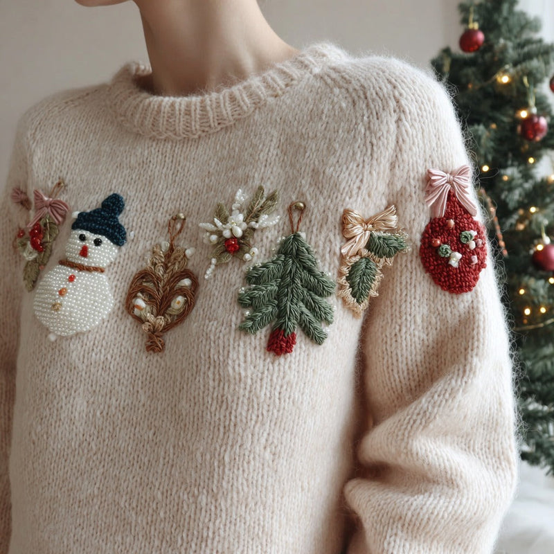 Pull en coton avec broderie de bonhomme de neige et de fêtes