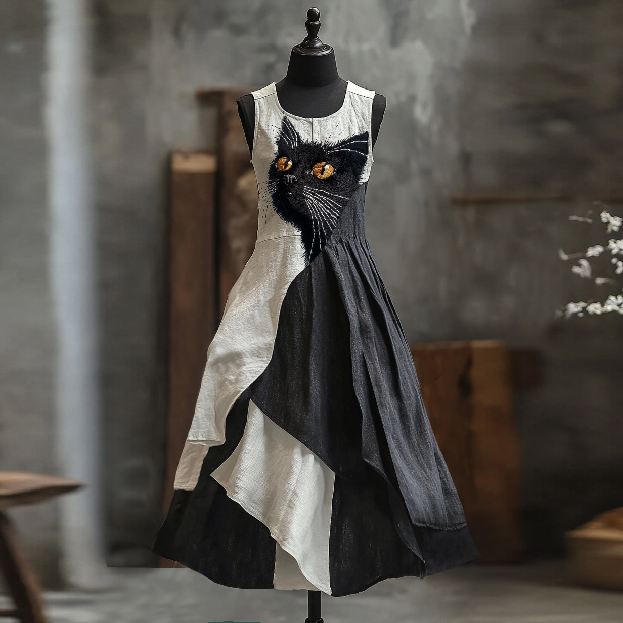 Comstylish Cute Black Cat Embroidered Art Linen Contrast Color Sling Dress