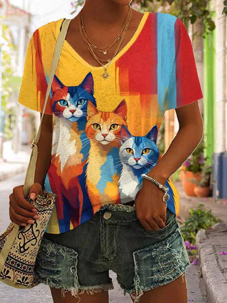 Comstylish Women’s Retro Funny Cat Print V-neck T-shirt
