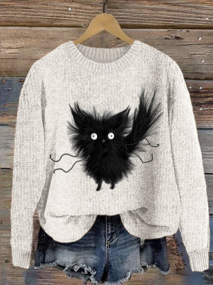 Fuzzy Black Cat Plush Cozy Knit Sweater elevenforest