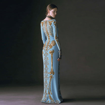 Comstylish Women's Halloween Dark Brother Skull Velvet Round Neck Maxi Dress