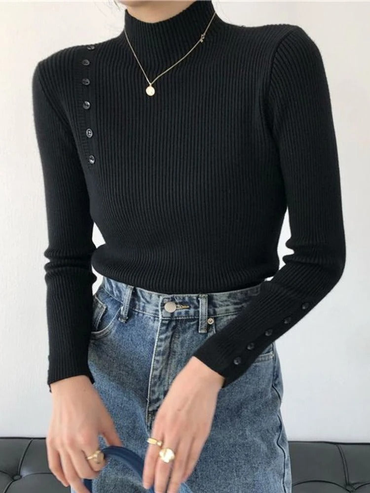 EP | MW - Elégant pull-over avec boutons décoratifs et col montant