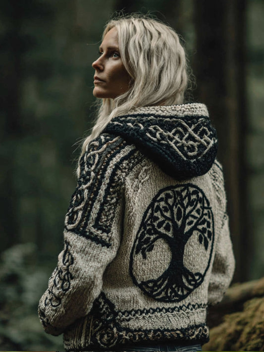 Comstylish Women's Viking Style Tree Of Life Flat Embroidered Hooded Sweater
