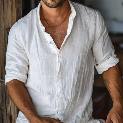 Men's Boho Solid Color Button Linen Shirt artswardrobe