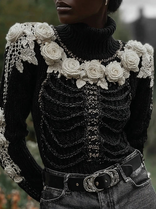 Comstylish Classy Skeleton Roses Embroidered Cozy Turtleneck Sweater