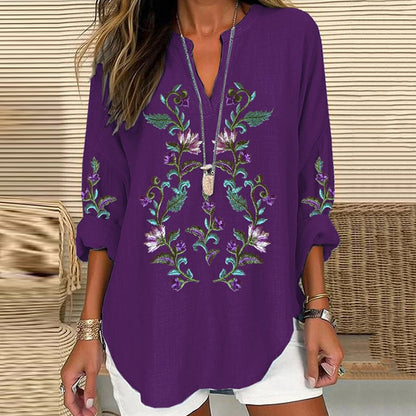 Comstylish Scottish Thistle Embroidered Linen Blend Blouses