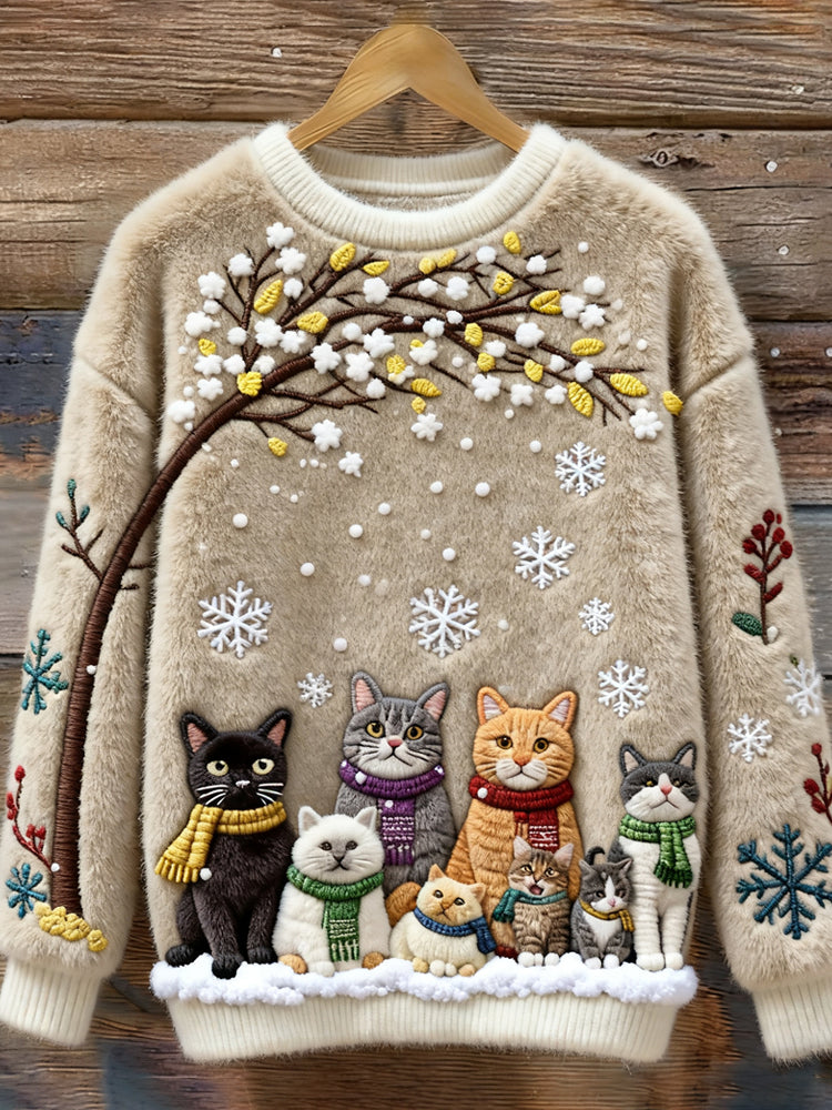 Pull en coton avec chats sous un arbre enneigé portant des écharpes