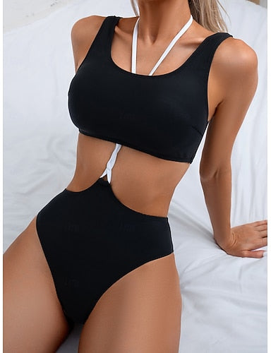 Swimwear One Piece Monokini Swimsuit Tummy Control High Waist Slim Backless Vacation Color Scoop Neck Sleeveless Bathing Suits