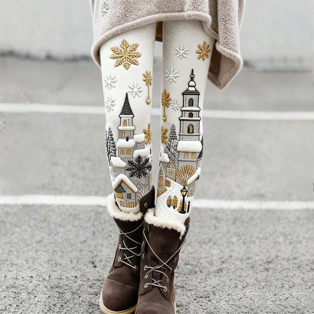Christmas Snow Scene Embroidered Women's Knit Leggings