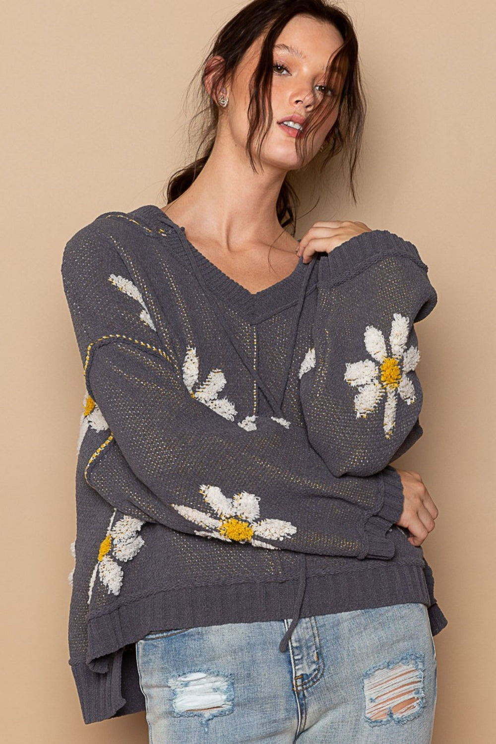 Rosario® | High-low hooded sweater with floral pattern
