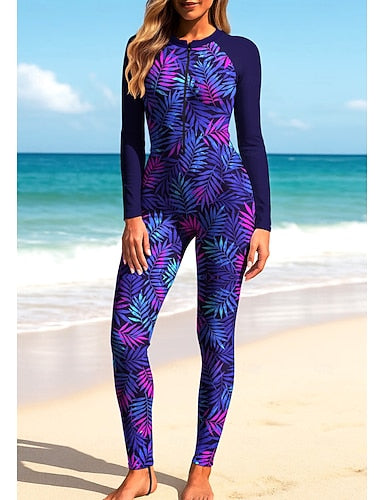 Standard Rash Guard Full Body Rash Guard One Piece Surfing Suit Tropical Zip Up With Built in Bra Front Zip Uv Sun Protection Full Coverage Upf50+ Long Sleeve Full Body Swimwear