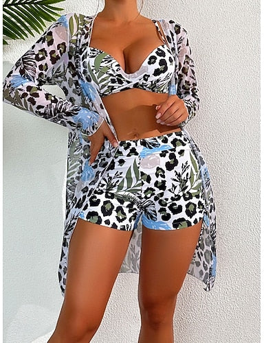 Bikini 3 Piece Swimsuit Underwire Leopard Shorts Slim Backless Vacation Beach Wear V Neck Sleeveless Bathing Suits