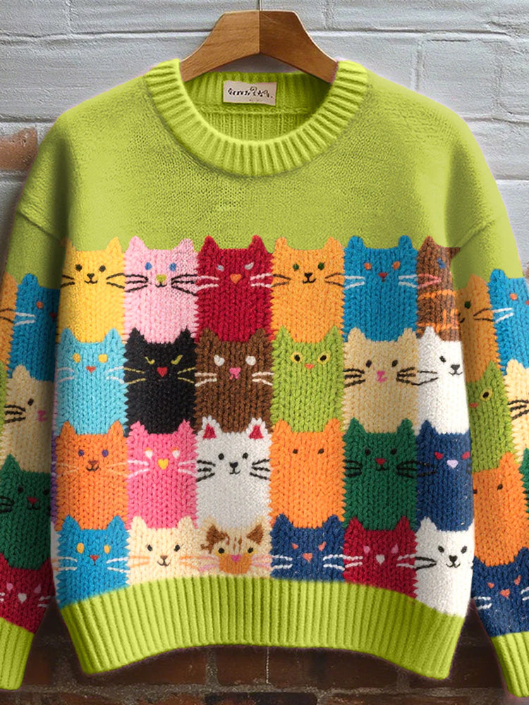 Pull en laine à motif quadrillé de chats arc-en-ciel