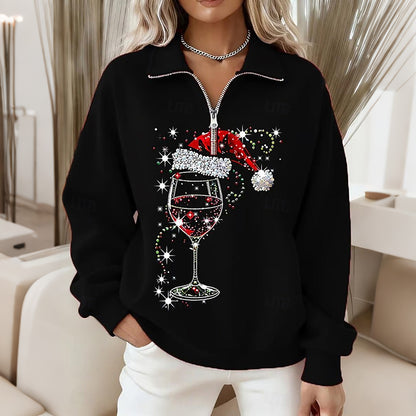 Comstylish Women's Christmas Wine Glass Print Zipper Sweatshirt
