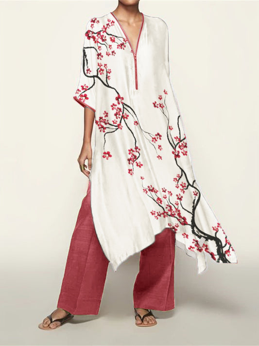 Comstylish Japanese Plum Blossom Art Flowy Kaftan & Pants Set