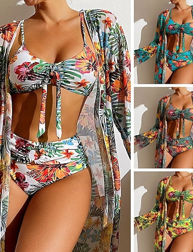 Bikini 3 Piece Swimsuit Palm Briefs Slim Backless Vacation Beach Wear Leaves Scoop Neck Sleeveless Bathing Suits