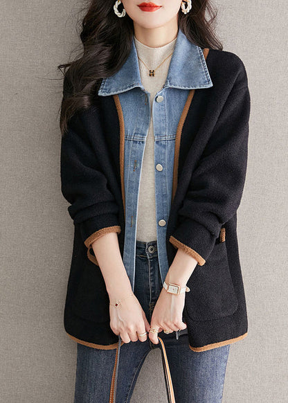Manteau en laine noir unique à col Claudine, patchwork en jean, effet deux pièces, automne