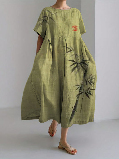 Comstylish Simple Bamboo Japanese Art Linen Blend Maxi Dress