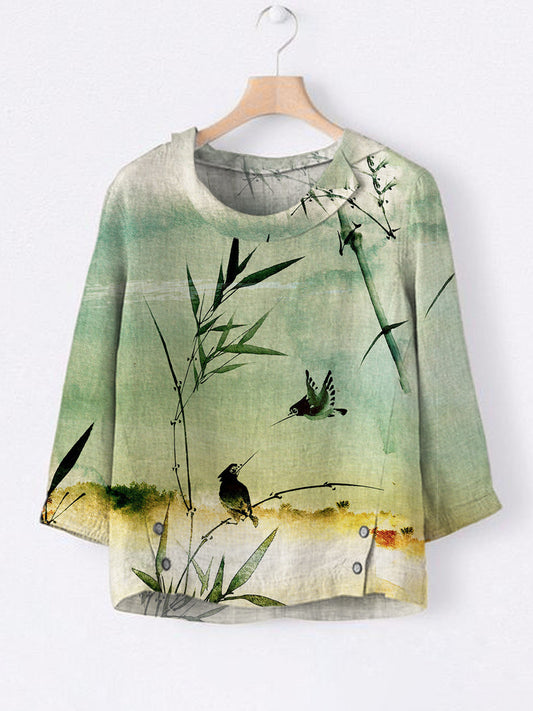 Comstylish Japanese Bamboo & Bird Print Linen Lapel Shirt