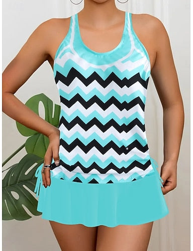 Independence Day Patrioticwomen's Tankini 2 Piece Swimsuit Skirt Tummy Control High Waist Slim Backless Vacation Beach Wear Flag Stripe U Neck Sleeveless Bathing Suits