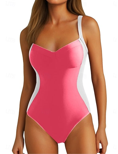 One Piece Swimsuit Slimming Colorblock Monokini Tummy Control High Waist Slim Backless Vacation Beach Wear Color Block V Neck Sleeveless Bathing Suits