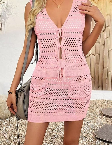 Swimwear 2 Piece Skirt Swimsuit Cut Out Knitted Vacation Beach Wear Plain V Neck Sleeveless Bathing Suits