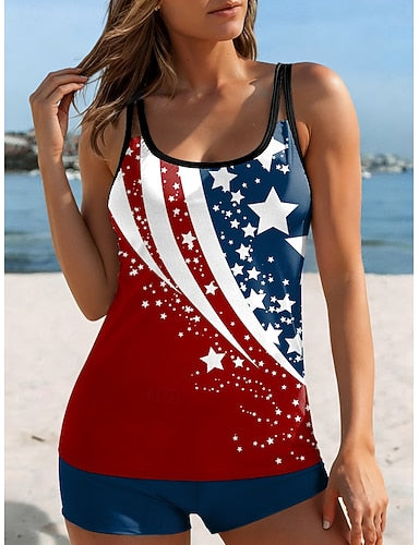 American Independence Day Swimwear Tankini 2 Piece Briefs Swimsuit Backless Vacation Beach Wear Graphic U Neck Sleeveless Bathing Suits