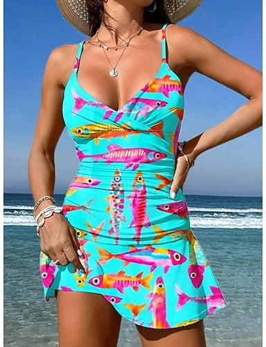 Swimwear One Piece Skirt Swimsuit Knit Vacation Graphic Geometric V Neck Sleeveless Bathing Suits