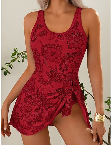 Swimwear One Piece Monokini Swim Dress High Waist Swimsuit Slim Backless Vacation Beach Wear Paisley Scoop Neck Sleeveless Bathing Suits