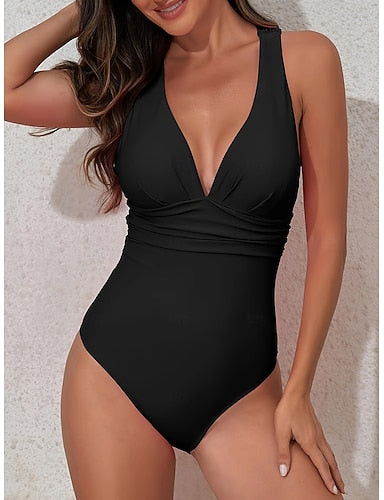 Swimwear One Piece Monokini Swimsuit Ruched Tummy Control High Waist Backless Vacation Beach Wear Color V Neck Sleeveless Bathing Suits