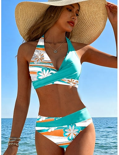 Bikini 2 Piece Swimsuit Cheeky Vacation Graphic V Neck Sleeveless Bathing Suits