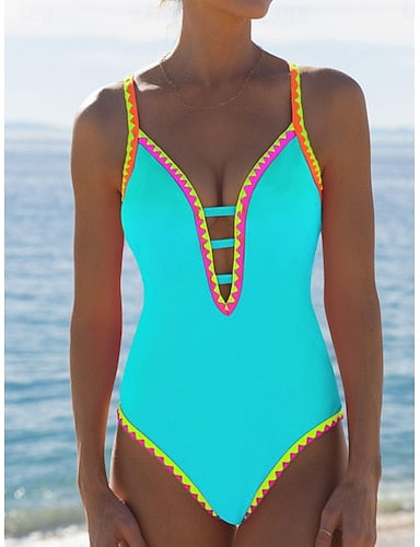 One Piece Swimsuit Slimming Cutout Monokini High Cut Tummy Control High Waist Slim Backless Vacation Beach Wear Color Block V Neck Sleeveless Bathing Suits