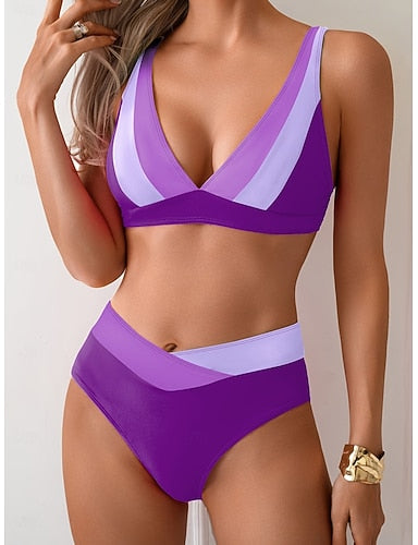 Bikini 2 Piece Swimsuit Colorblock Cheeky Slim Backless Vacation Beach Wear Color Block V Neck Sleeveless Bathing Suits