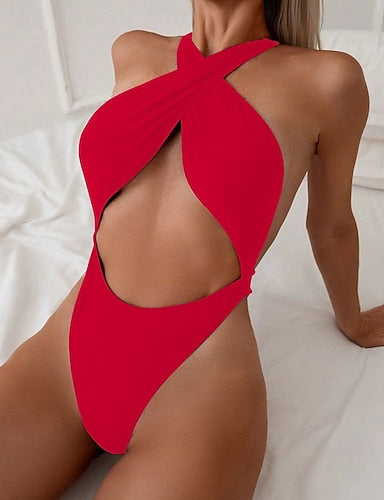 Swimwear One Piece Bikini Shorts Swimsuit Backless Vacation Beach Wear Color Round Neck Sleeveless Bathing Suits