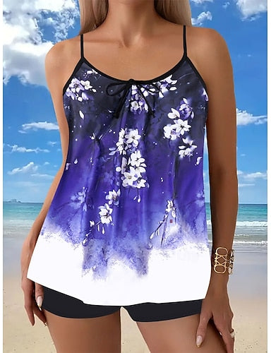 Tankini 2 Piece Swimsuit Shorts Tummy Control High Waist Slim Backless Vacation Beach Wear Ombre Scoop Neck Sleeveless Bathing Suits