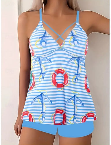 Tankini 2 Piece Swimsuit Shorts Tummy Control High Waist Slim Backless Vacation Beach Wear Stripe Geometic V Neck Sleeveless Bathing Suits