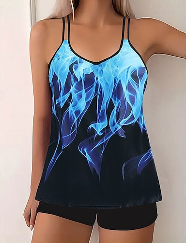 Swimwear 2 Piece Shorts Swimsuit Backless Vacation Beach Wear Graphic Color Block V Neck Sleeveless Bathing Suits