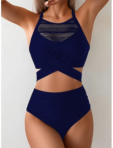 Bikini 2 Piece Swimsuit Cutout Cheeky Tummy Control High Waist Slim Vacation Beach Wear Color V Neck Sleeveless Bathing Suits
