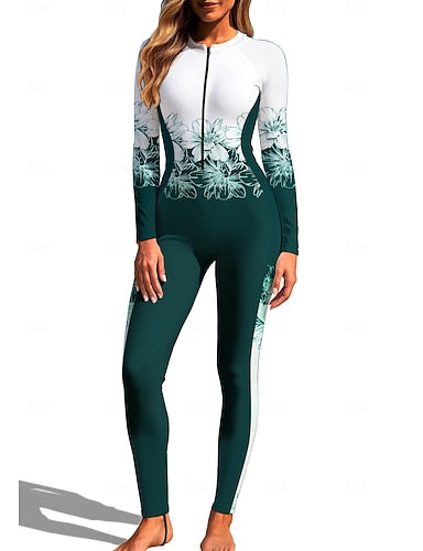 Regular Rash Guard Full Body Rash Guard One Piece Surfing Suit Tropical Color-blocking Zip Up With Built in Bra Front Zip Uv Sun Protection Full Coverage Upf50+ Long Sleeve Full Body