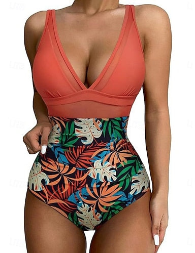Swimwear One Piece Monokini Swimsuit Mesh Tummy Control High Waist Slim Backless Vacation Beach Wear Leopard Leaves V Neck Sleeveless Bathing Suits
