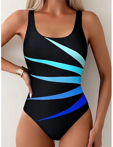 One Piece Swimsuit Slimming Colorblock High Cut Beach Wear Summer Graphic Geometic U Neck Sleeveless Bathing Suits