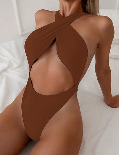 Swimwear One Piece Bikini Shorts Swimsuit Backless Vacation Beach Wear Color Round Neck Sleeveless Bathing Suits