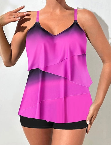 Swimwear 2 Piece High Waist Swimsuit Backless Vacation Beach Wear Ombre V Neck Sleeveless Bathing Suits